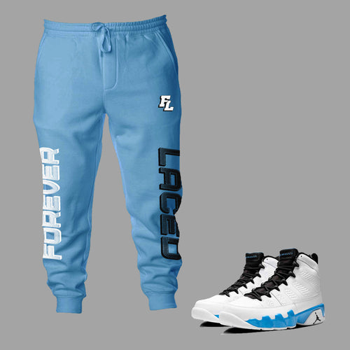 Forever Laced FL Sweatpants to match Retro Jordan 9 Powder Blue sneakers