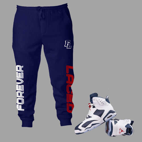 Forever Laced FL Sweatpants to match Retro Jordan 6 Olympic sneakers