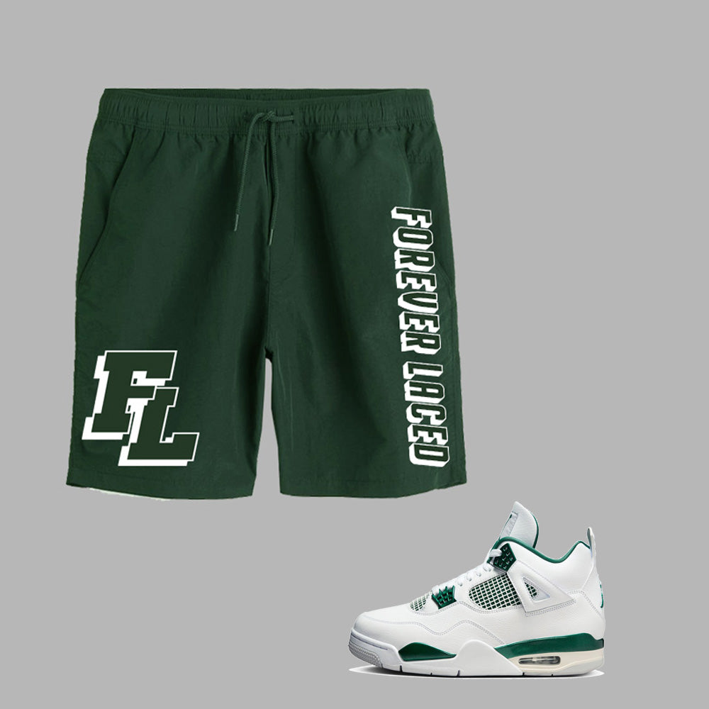 Forever Laced FL Nylon Shorts to match Retro Jordan 4 Oxidized Green sneakers