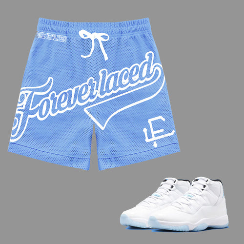 Forever Laced FL Stadium Mesh Shorts to match Retro Jordan 11 Legend Blue sneakers