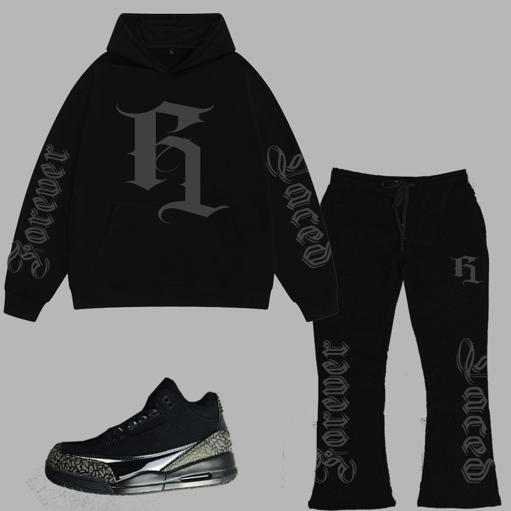 Forever Laced AW Stacked Hooded Sweatsuit to match Retro Jordan 3 Black Cat sneakers