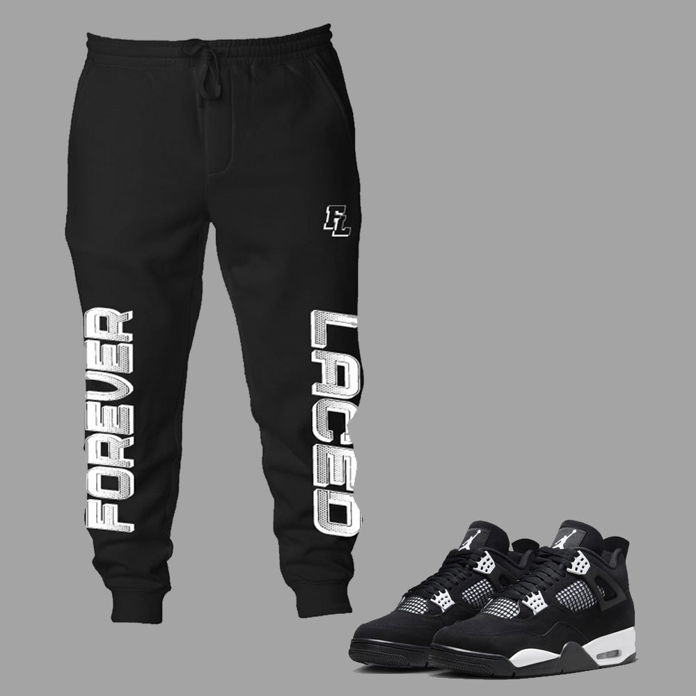 Forever Laced FL Sweatpants to match Retro Jordan 4 White Thunder sneakers