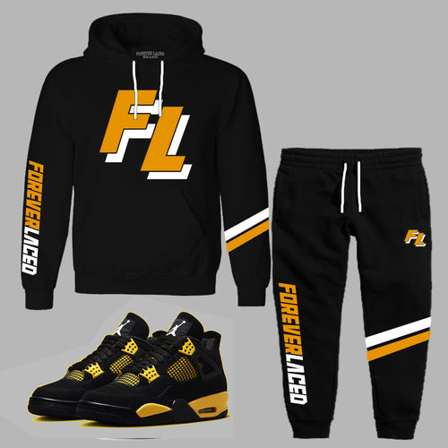 Forever Laced FL Varsity Hooded Sweatsuit to match Retro Jordan 4 Thunder sneakers