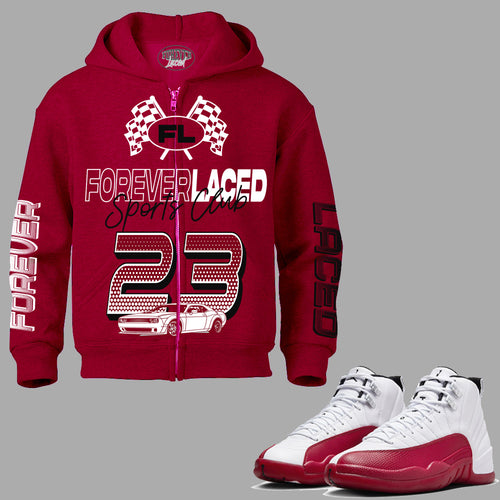 Forever Laced Sports Club Zipped Hoodie to match Retro Jordan 12 Cherry sneakers