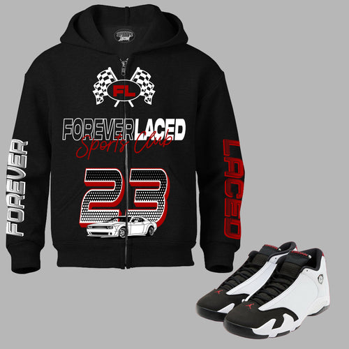 Forever Laced Sports Club Zipped Hoodie to match Retro Jordan 12 Black Toe sneakers