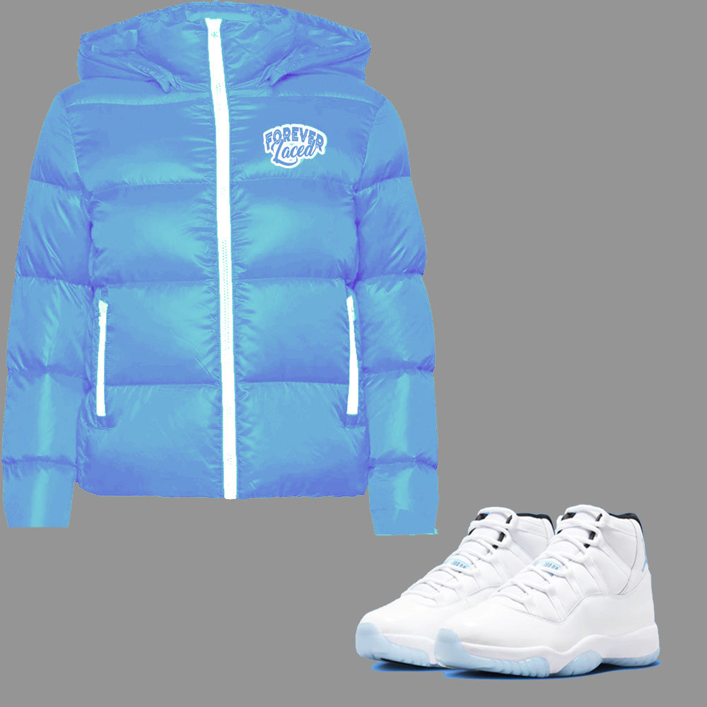 Forever Laced Detachable Hooded Puffer Jacket to match Retro Jordan 11 Legend Blue