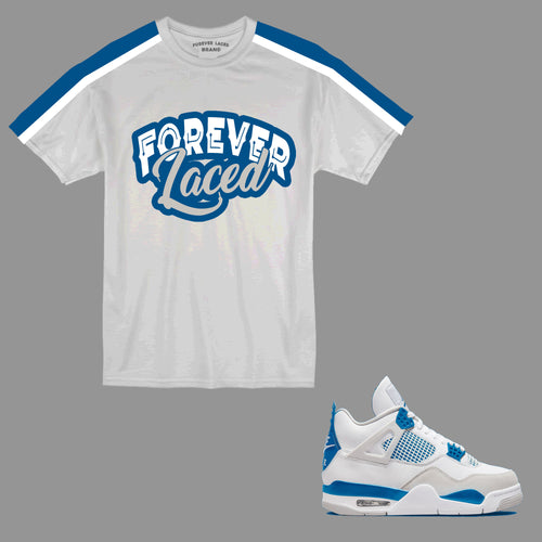 Forever Laced T-Shirt to match Retro Jordan 4 Military Blue sneakers