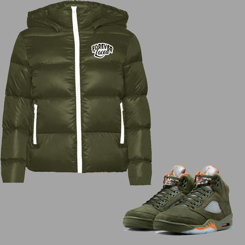 Forever Laced Detachable Hooded Puffer Jacket to match Retro Jordan 5 Olive sneakers