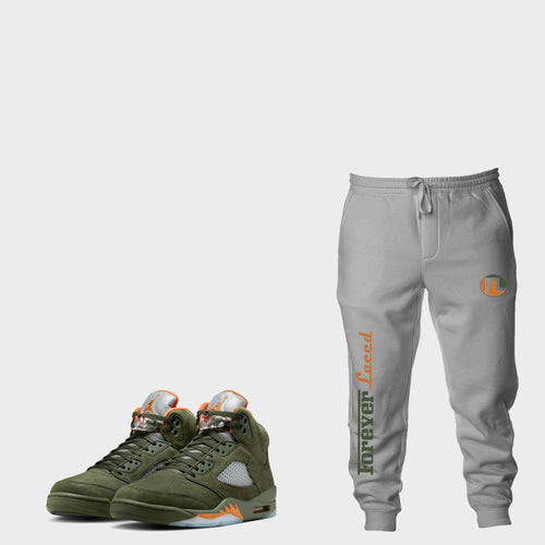 Forever Laced Racer Joggers to match Retro Jordan 5 Olive sneakers