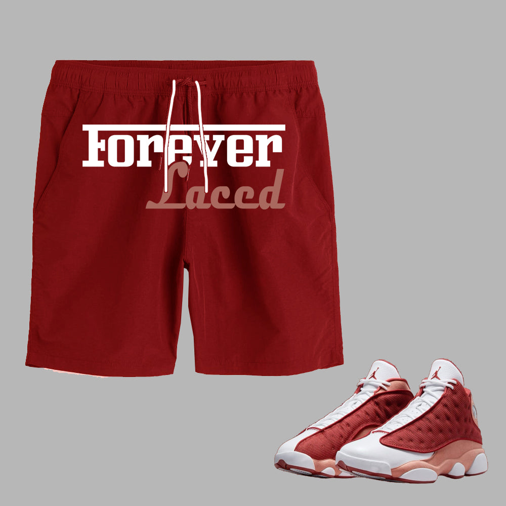 Forever Laced Racer Shorts to match Retro Jordan 13 Dune Red sneakers