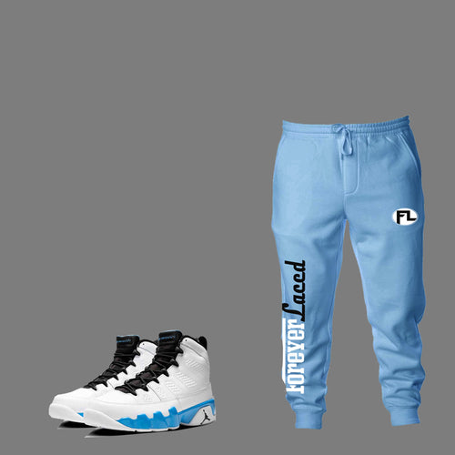 Forever Laced Racer Joggers to match Retro Jordan 9 Powder Blue sneakers