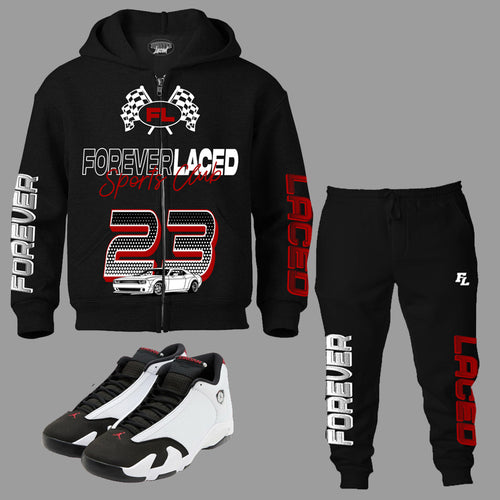 Forever Laced Sports Club Sweatsuit to match Retro Jordan 14 Black Toe sneakers