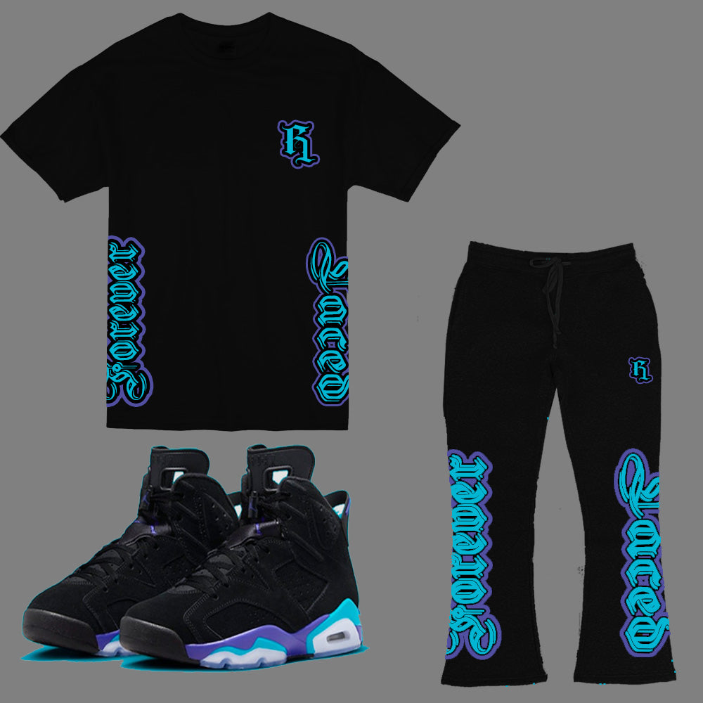 Forever Laced AW Stacked Outfit to match Retro Jordan 6 Aqua sneakers