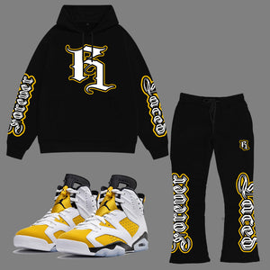 Forever Laced AW Stacked Hooded Sweatsuit to match Retro Jordan 6 Yellow Ochre sneaker