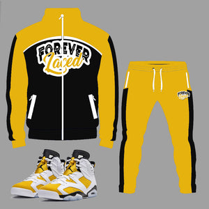 Forever Laced Tracksuit to match Retro Jordan 6 Ochre sneakers