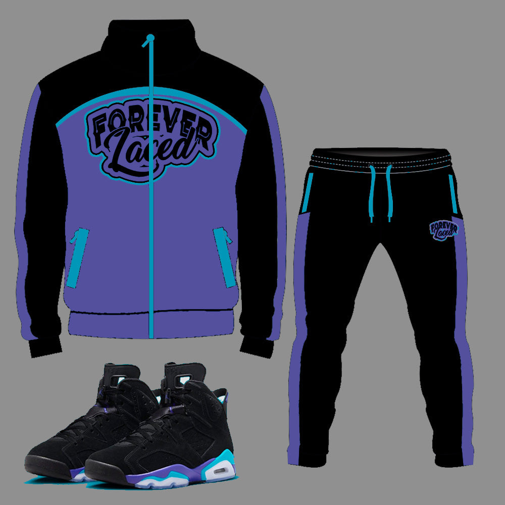 Forever Laced Tracksuit to match Retro Jordan 6 Aqua sneakers