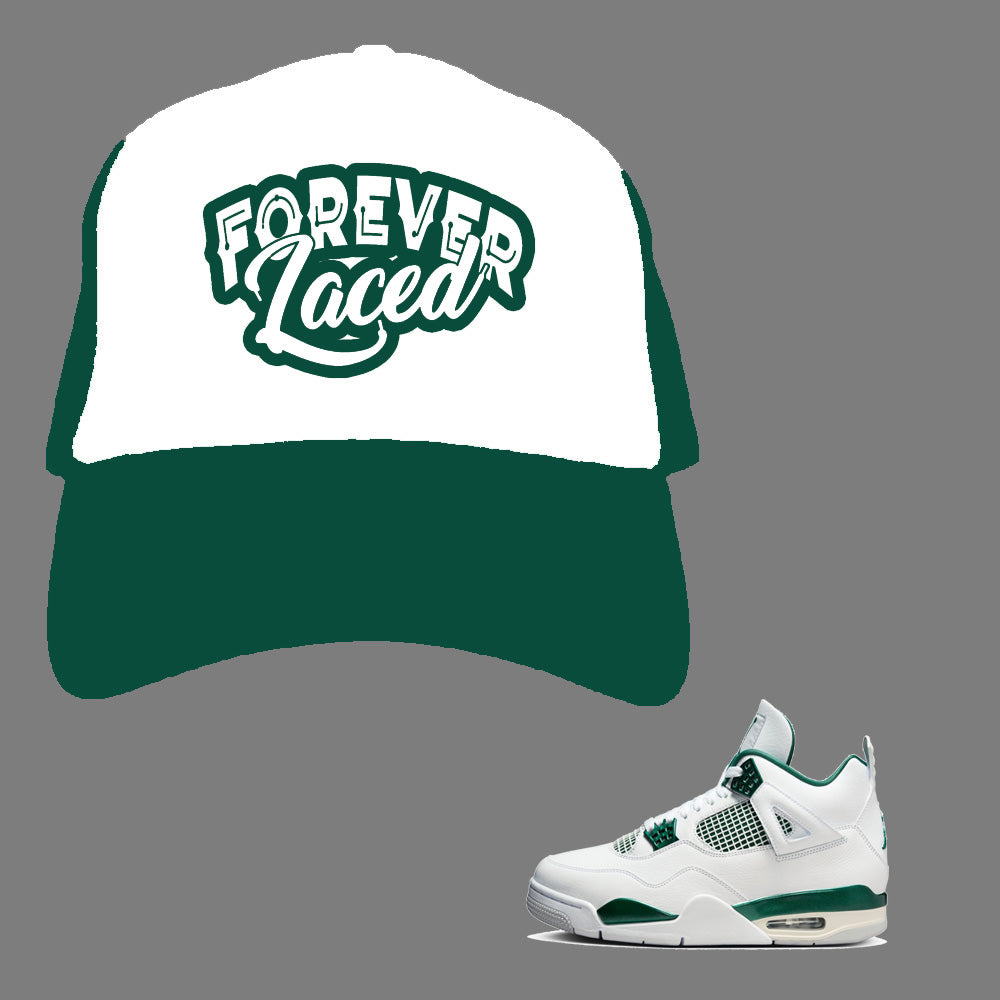 Forever Laced Mesh Trucker Hat to match Retro Jordan 4 Oxidized Green sneakers