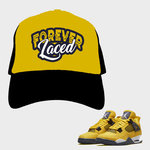 Forever Laced Mesh Trucker Hat to match Retro Jordan 4 Lightning Sneakers