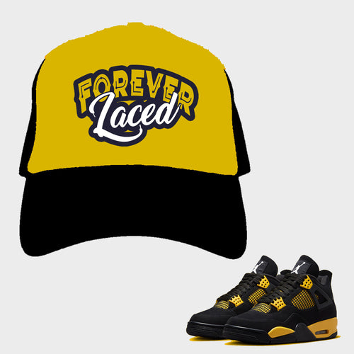 Forever Laced Mesh Trucker Hat to match Retro Jordan 4 Thunder Sneakers
