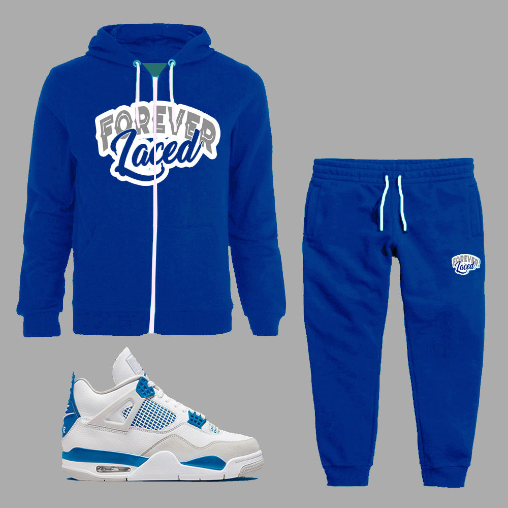 Forever Laced Hoodie Sweatsuit to match Retro Jordan 4 Military Blue sneakers