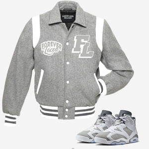 Forever Laced Varsity Jacket to match Retro Jordan 6 Cool Grey sneakers