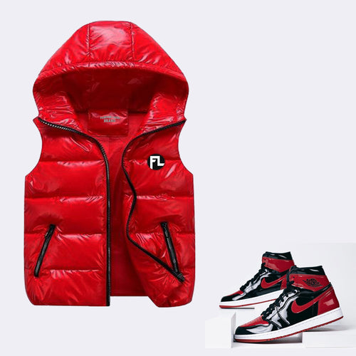 Forever Laced FL Gloss Red Hooded Bubble Vest to match Retro Jordan 1 OG Bred Patent