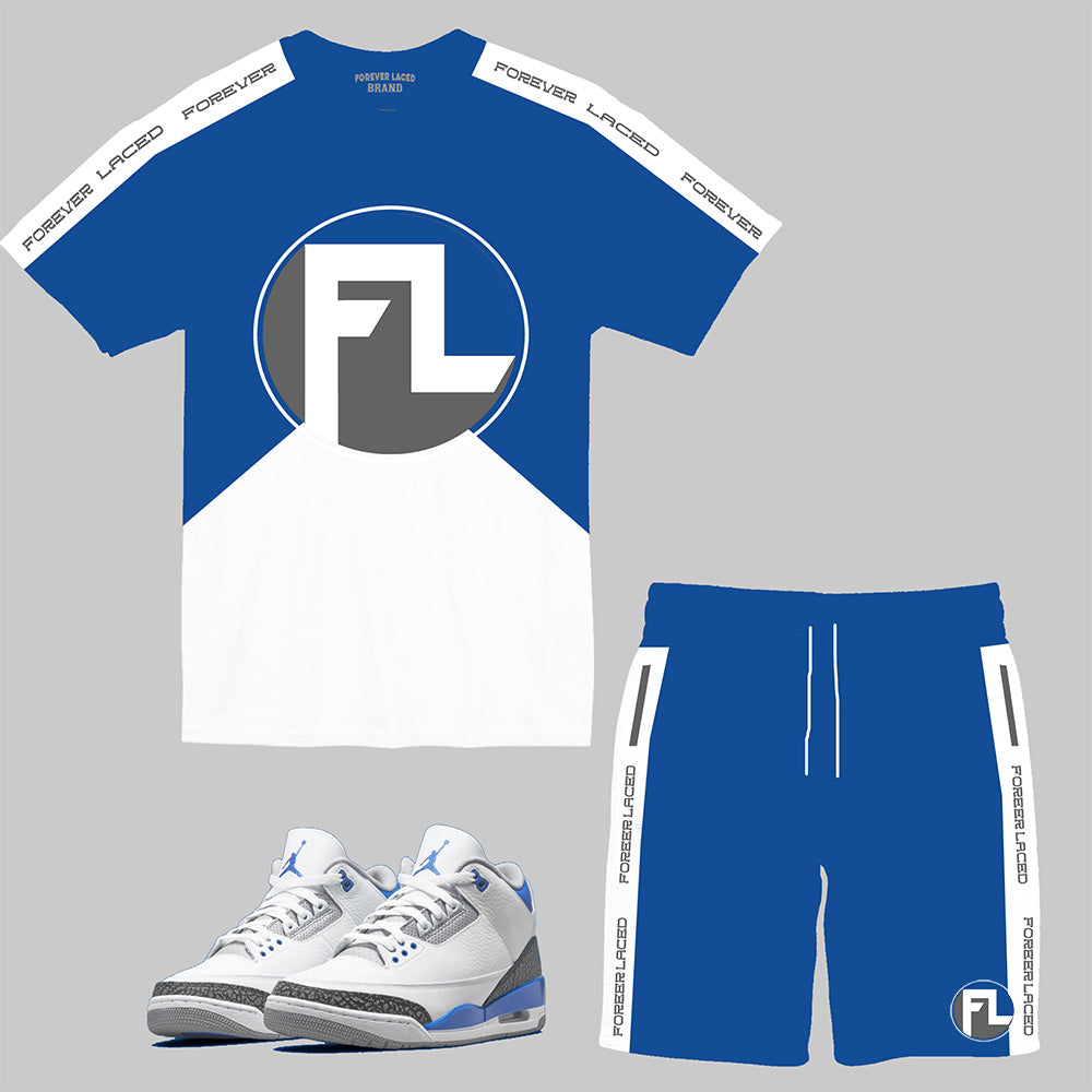 Forever Laced FL Short Set to match Retro Jordan 3 Racer Blue sneakers