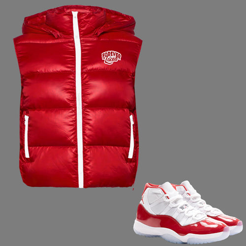 Forever Laced Detachable Hooded Bubble Vest to match Retro Jordan 11 Cherry sneakers