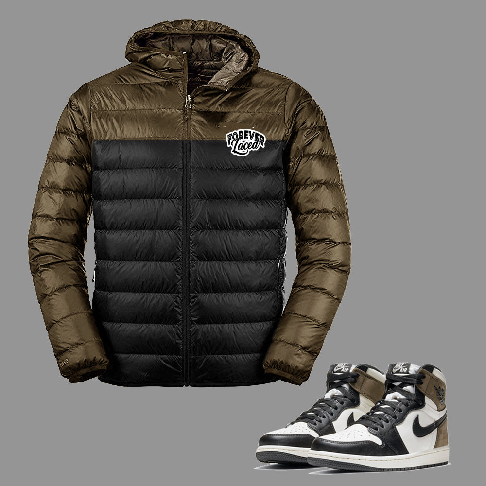 Forever Laced Hooded Bubble Jacket to match Retro Jordan 1 Mocha sneakers