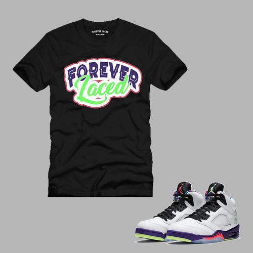 Forever Laced Black T-Shirt to match the Retro Jordan 5 Alternate Bel-Air Sneakers