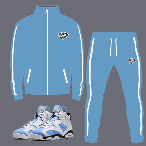 Forever Laced Tracksuit to match Retro Jordan 6 UNC sneakers