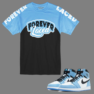 Forever Laced University Blue t-shirt to match the Retro Jordan 1 University Blue sneakers.