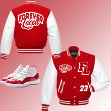 Load image into Gallery viewer, Forever Laced Varsity Jacket to match Retro Jordan 11 Cherry Sneakers