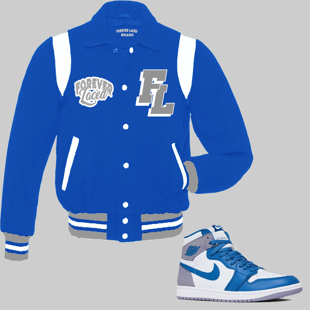 Forever Laced Vintage Varsity Jacket to match Retro Jordan 1 True Blue sneakers