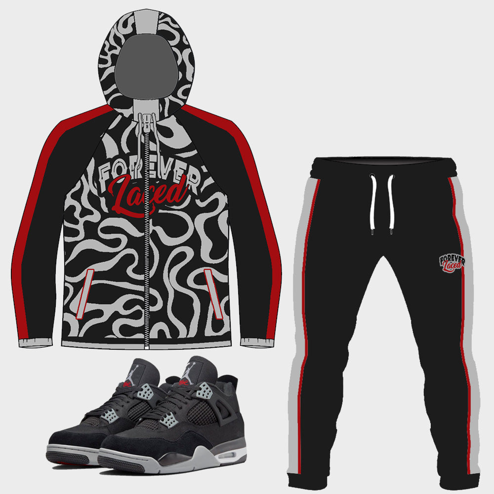 Forever Laced Windbreaker Outfit to match Retro Jordan 4 Black Canvas sneakers