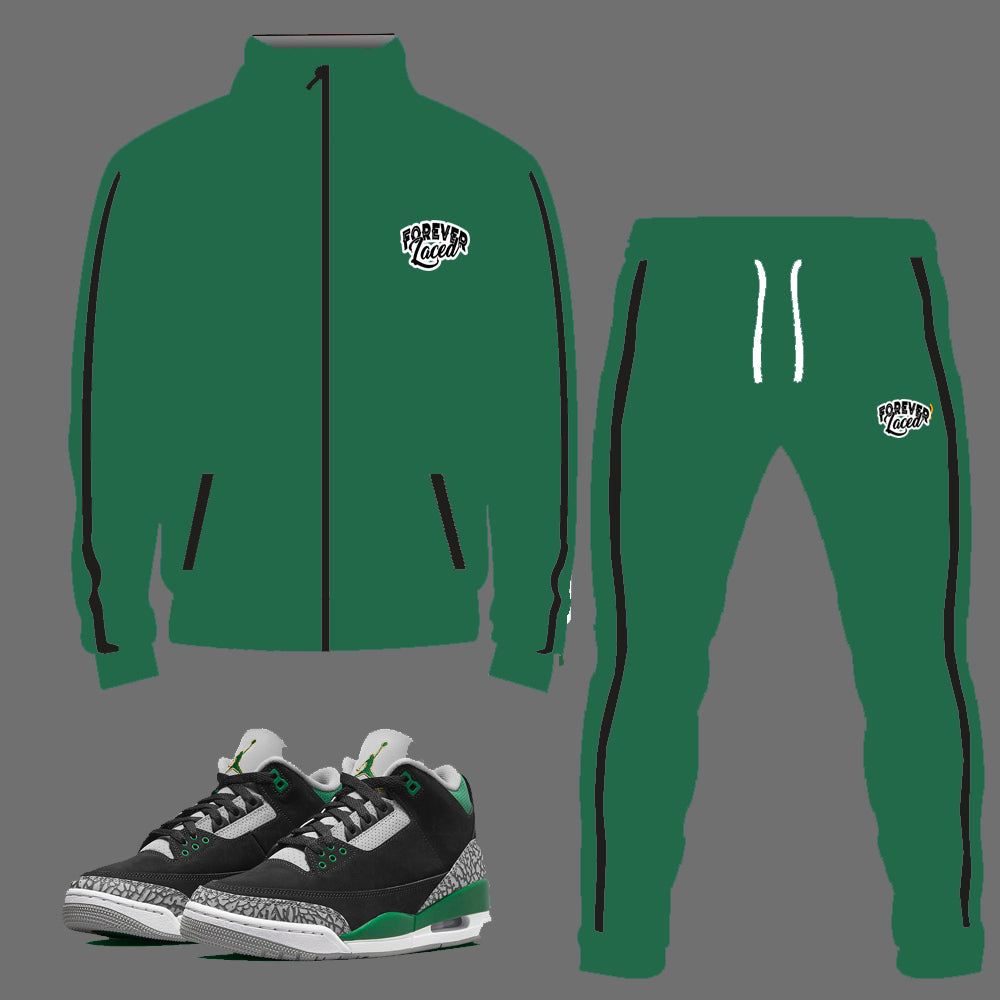 Forever Laced Tracksuit to match Retro Jordan 3 Pine Green sneakers