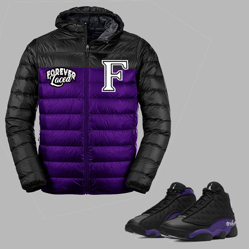 Forever Laced Hooded Bubble Jacket to match Retro Jordan 13 Purple Court