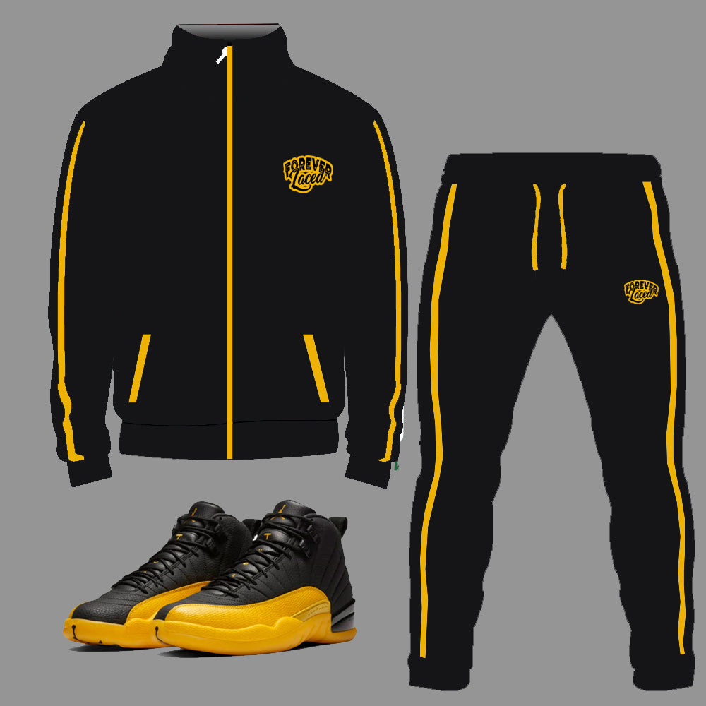 Forever Laced Tracksuit to match Retro Jordan 12 University Gold sneakers