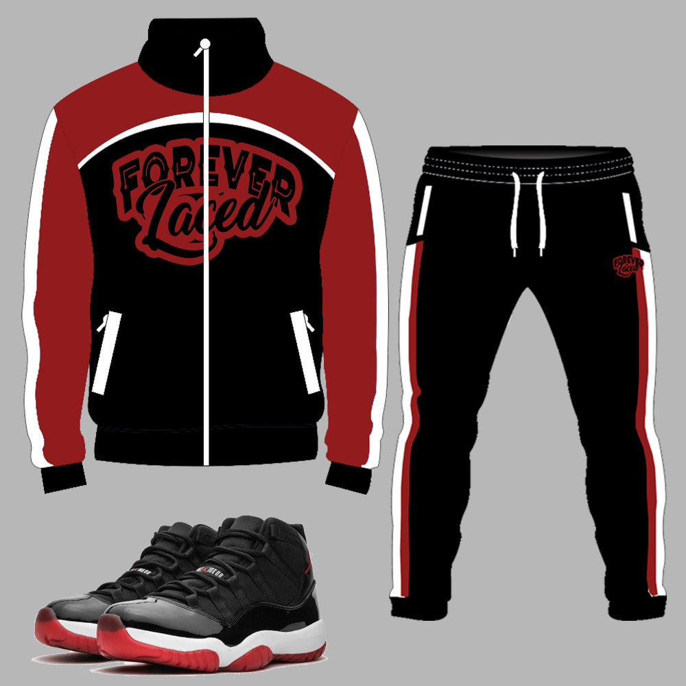 Forever Laced Tracksuit to match Retro Jordan 11 Bred sneakers