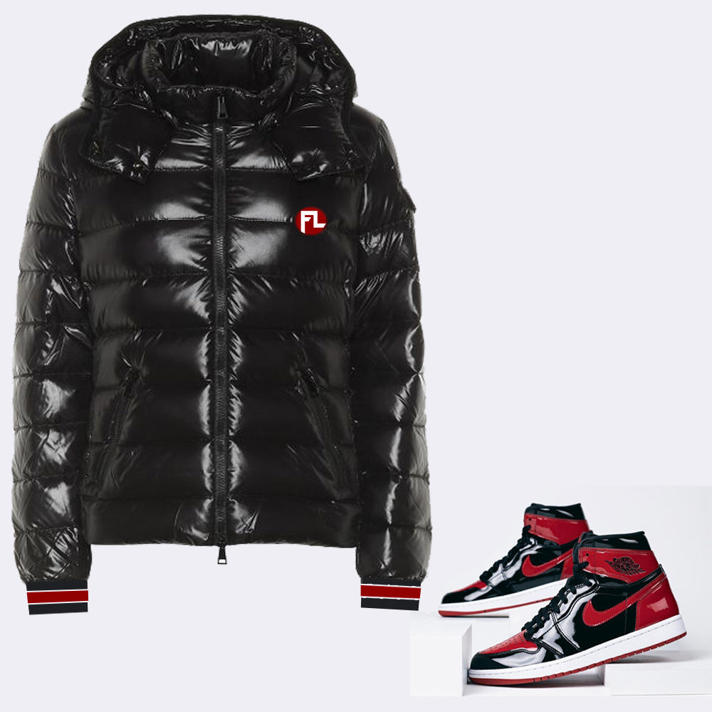 Forever Laced FL Youth Black Gloss Detachable Hooded Bubble Jacket to match Retro Jordan 1 OG Bred Patent