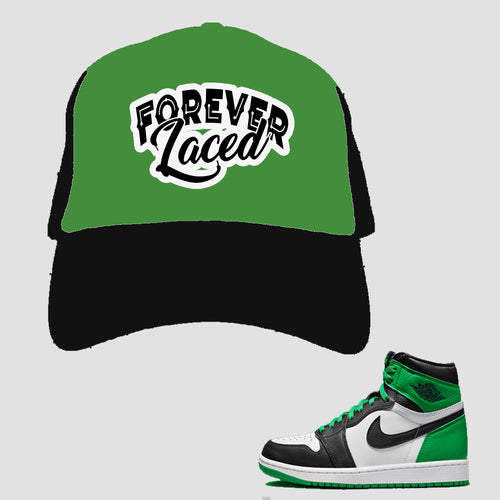 Forever Laced 1 Mesh Trucker Hat to match Retro Jordan 1 Lucky Green Sneakers