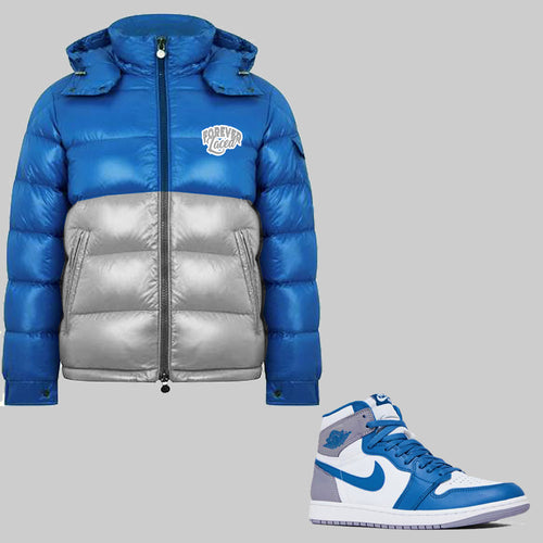 Forever Laced Detachable Hooded Bubble Jacket to match the Retro Jordan 1 True Blue - In Stock