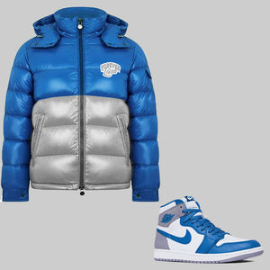 Forever Laced Detachable Hooded Bubble Jacket to match the Retro Jordan 1 True Blue