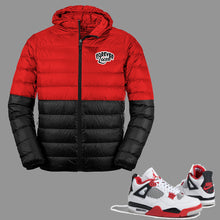 Load image into Gallery viewer, Forever Laced Hooded Bubble Jacket to match Retro Jordan 4 Fire Red sneakers