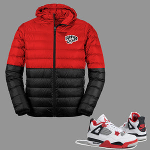 Forever Laced Hooded Bubble Jacket to match Retro Jordan 4 Fire Red sneakers