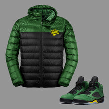 Load image into Gallery viewer, Forever Laced Hooded Bubble Jacket to match the Retro Jordan 5 Oregon sneakers