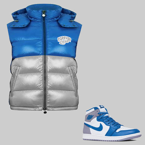 Forever Laced Detachable Hooded Bubble Vest to match Retro Jordan 1 True Blue sneakers