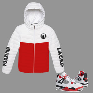 Forever Laced FL Hooded Bubble Jacket to match Retro Jordan 4 Fire Red sneakers