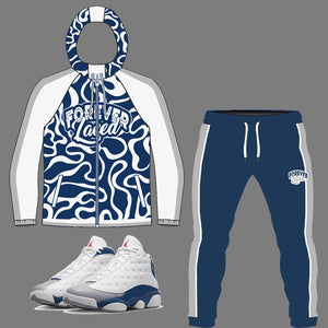 Forever Laced Windbreaker Outfit to match the Retro Jordan 13 French Blue sneakers