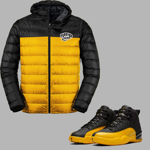 Forever Laced Hooded Bubble Jacket to match Retro Jordan 12 University Gold